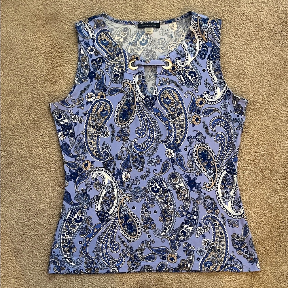 Tommy Hilfiger Blue and White Paisley Tank Top- size Medium, EUC *like new*